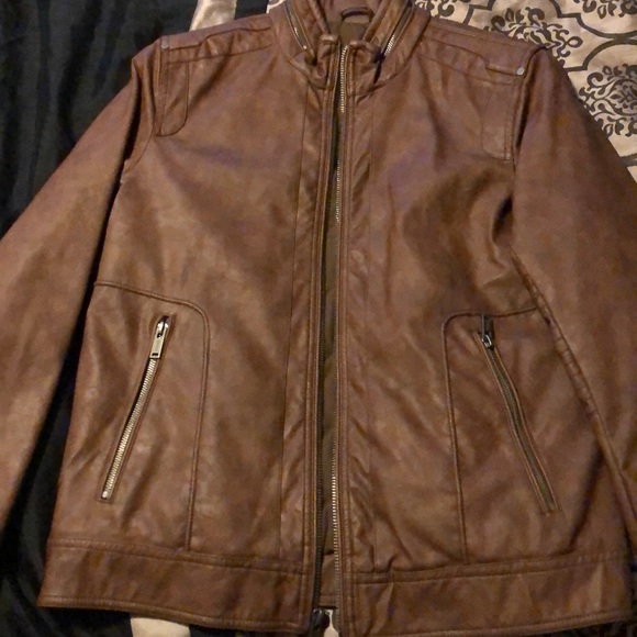 guess leather jacket brown